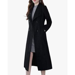 ebossy Women's Wool Blend Double Breasted Long Coat Black Medium Classic Trench